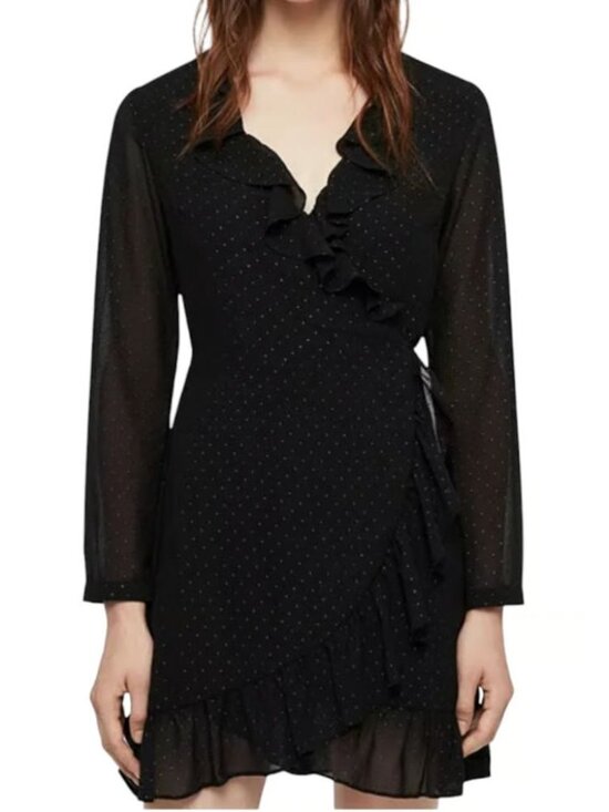 AllSaints Dresses & Skirts - AllSaints Kiyah Shimmer Studded Ruffle Black Mini Wrap Dress Size M [jb]